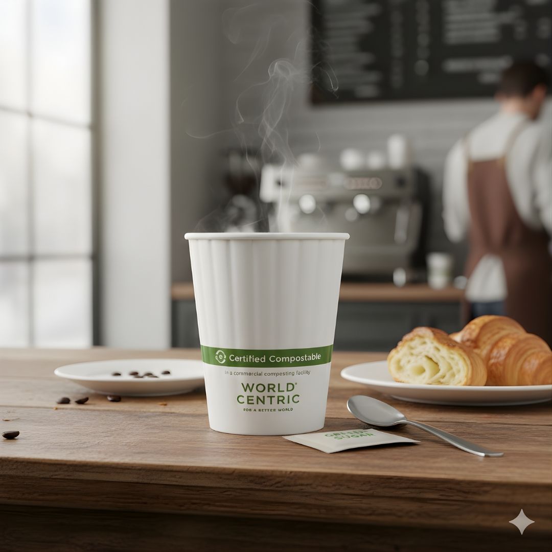 World Centric compostable coffee cup on a table with pastries and coffee beans.