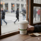 Hand holding a World Centric coffee cup by a window with a city street view.