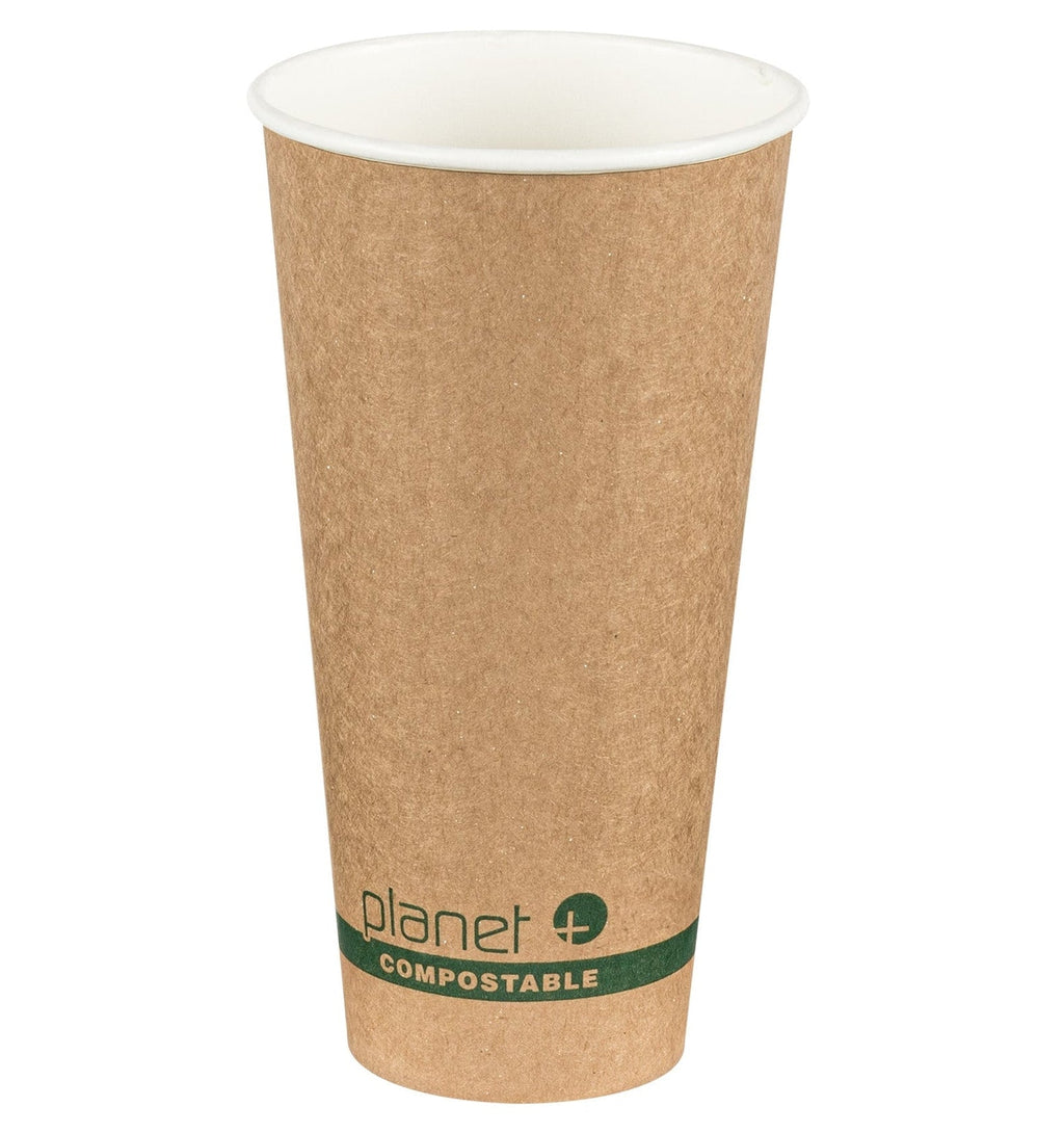 Compostable paper cup with 'planet+' compostable label on a white background