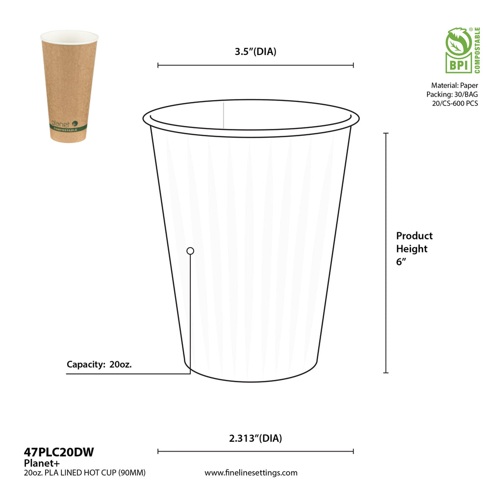 Measurement chart of a 20oz paper cup with dimensions and specifications.