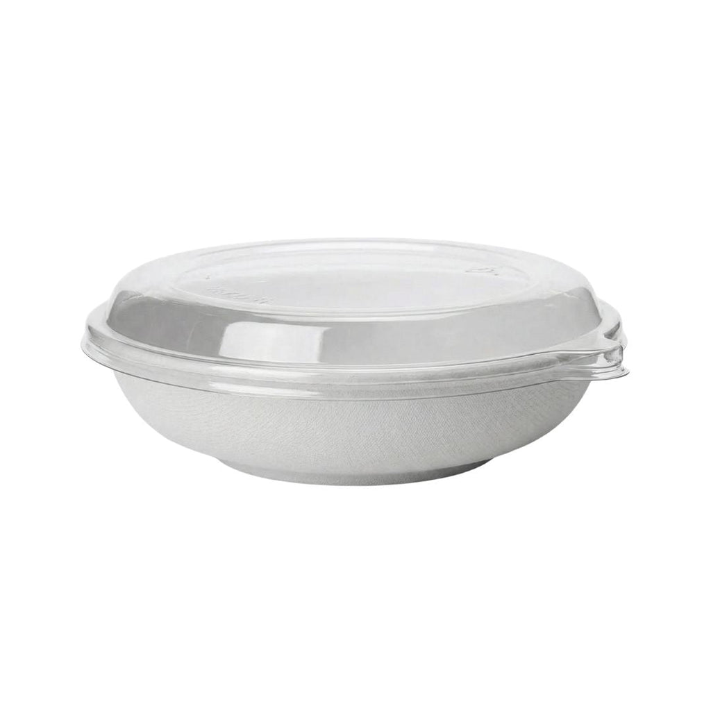 White disposable bowl with a clear lid on a white background