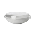White disposable bowl with a clear lid on a white background