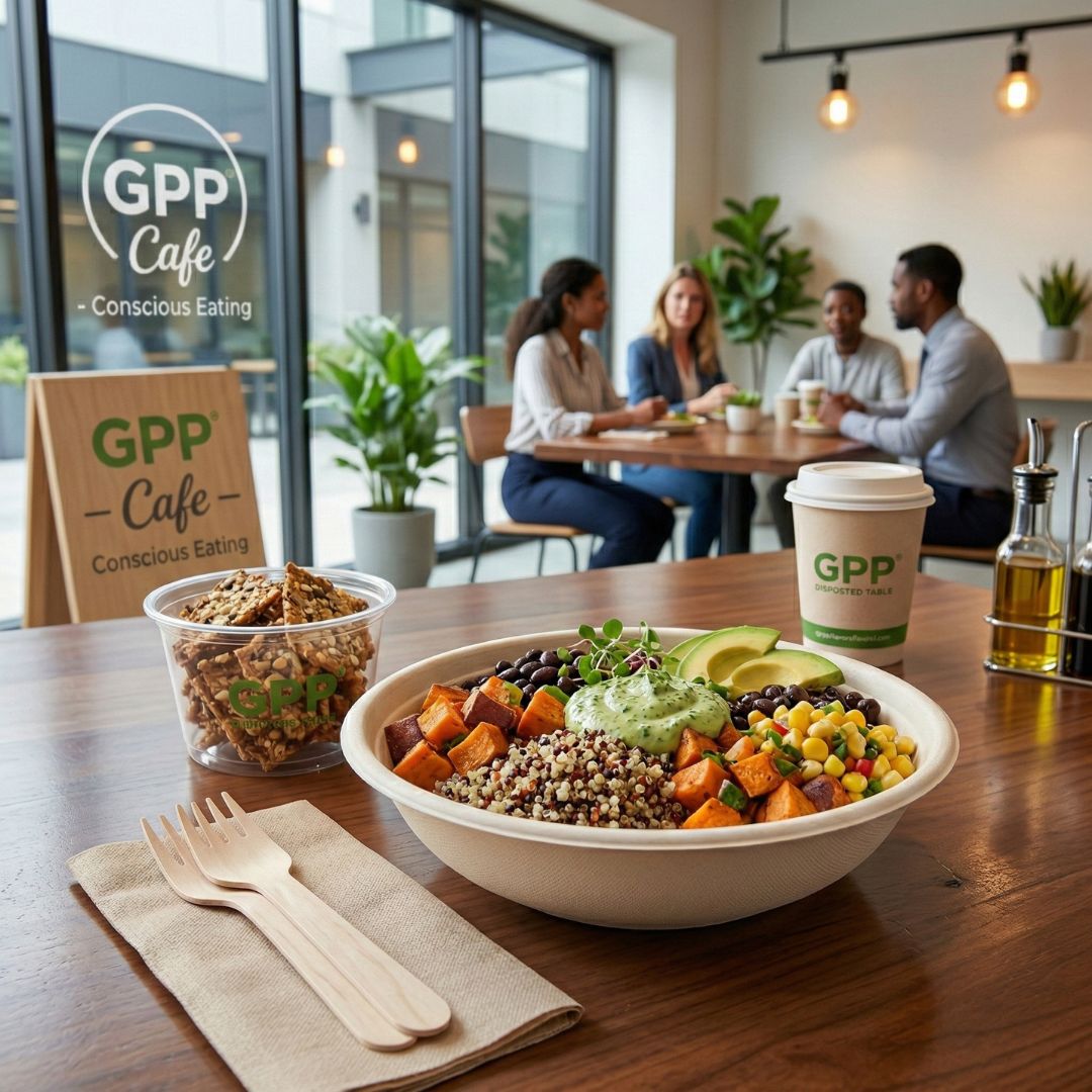 GPP Cafe with a bowl of salad, granola, and coffee on a table with people in the background.