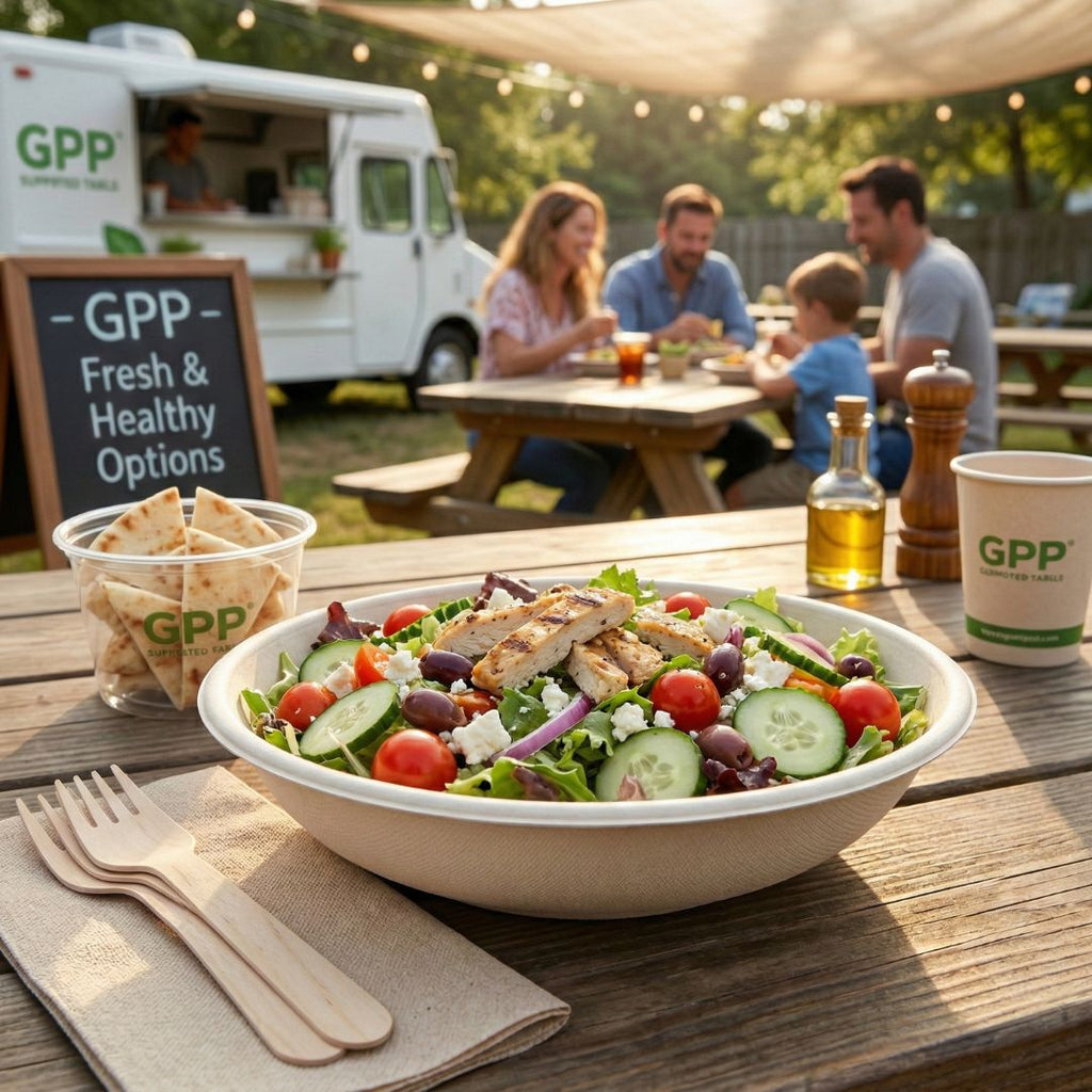 Salad bowl with GPP branding on a wooden table with people in the background