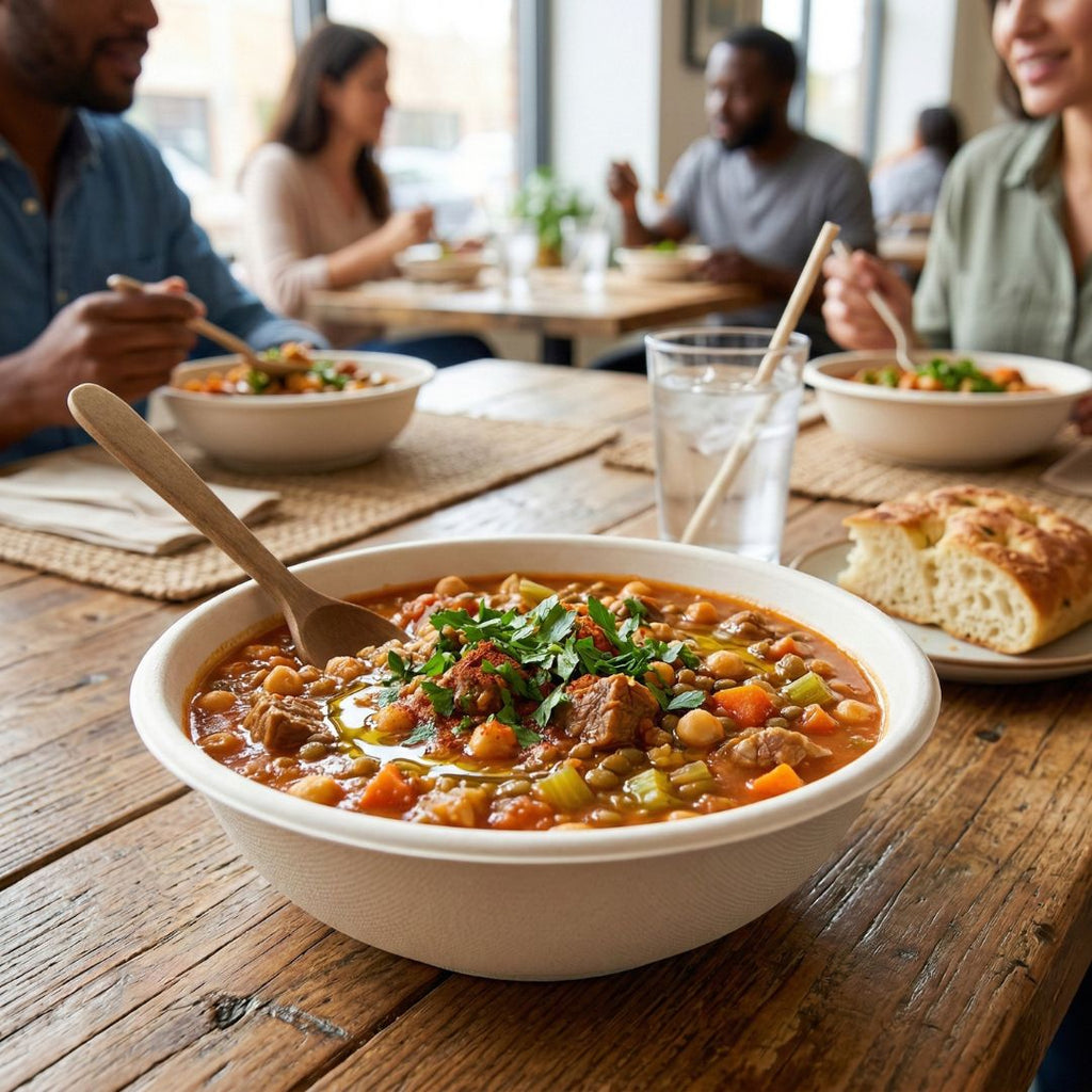 Bowl of soup with a spoon on a wooden table, people in the background
