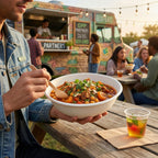 Person holding a disposable bowl of food at an outdoor event with a food truck in the background.