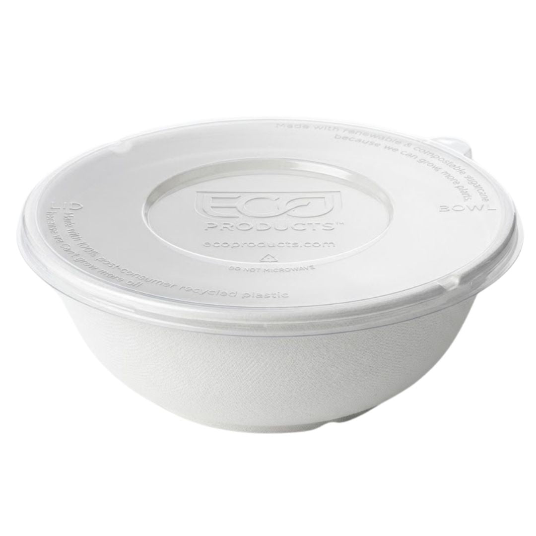 White bowl with a clear plastic lid on a white background