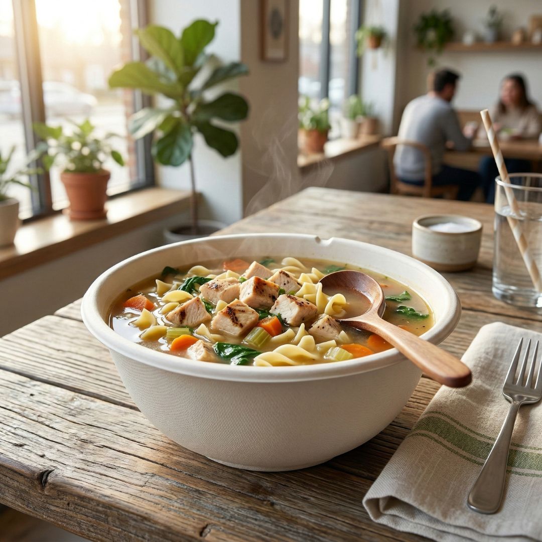 Bowl of chicken noodle soup on a wooden table with a blurred background