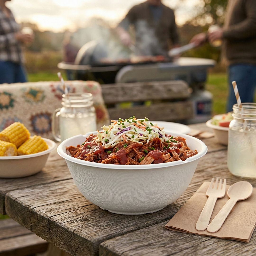 Bowl of pulled pork salad on a wooden table with people grilling in the background