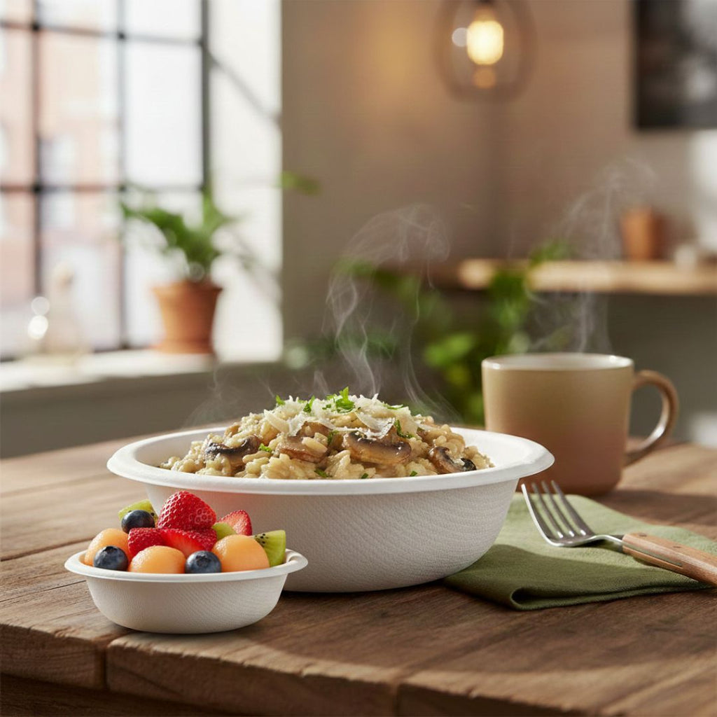 Steaming risotto with mushrooms in a white bowl on a wooden table with a side of fruit in a small white bowl, a cup, and a fork.