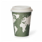 Coffee cup with world map design on a white background