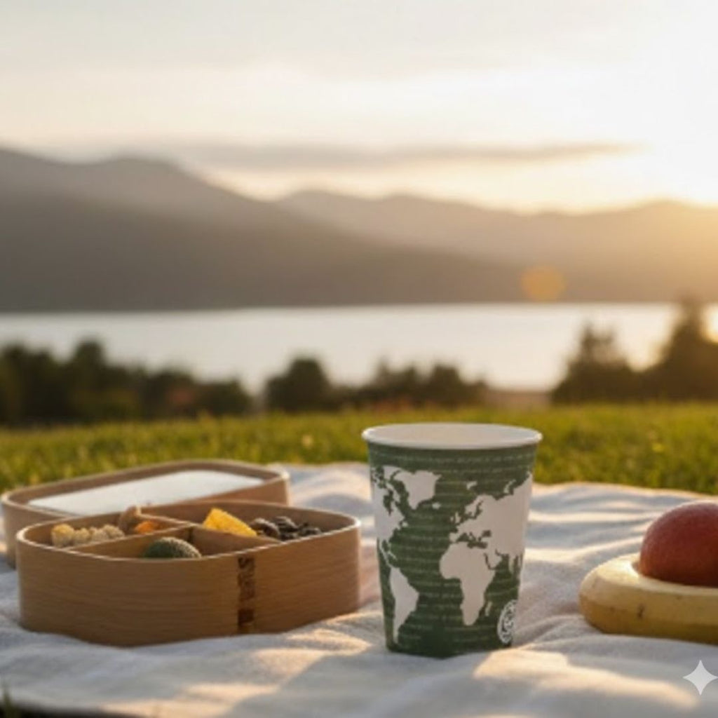 Picnic setup with a green and white cup, food items, and a scenic background of mountains and sunset.