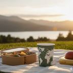 Picnic setup with a green and white cup, food items, and a scenic background of mountains and sunset.