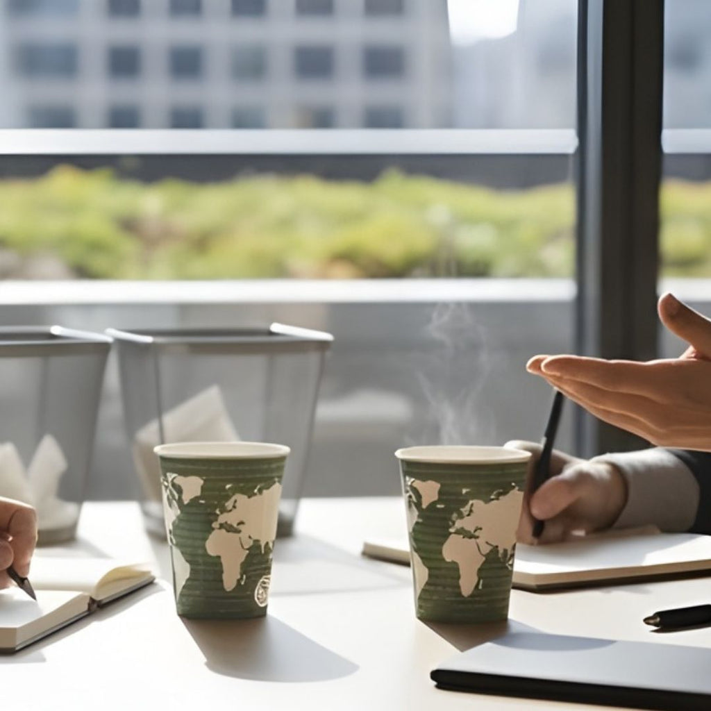 Two world map coffee cups on a table with a blurred outdoor background