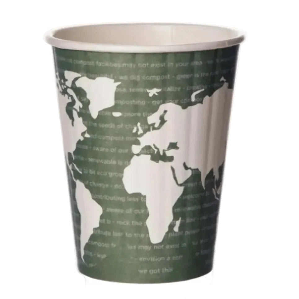 Paper cup with world map design on a white background