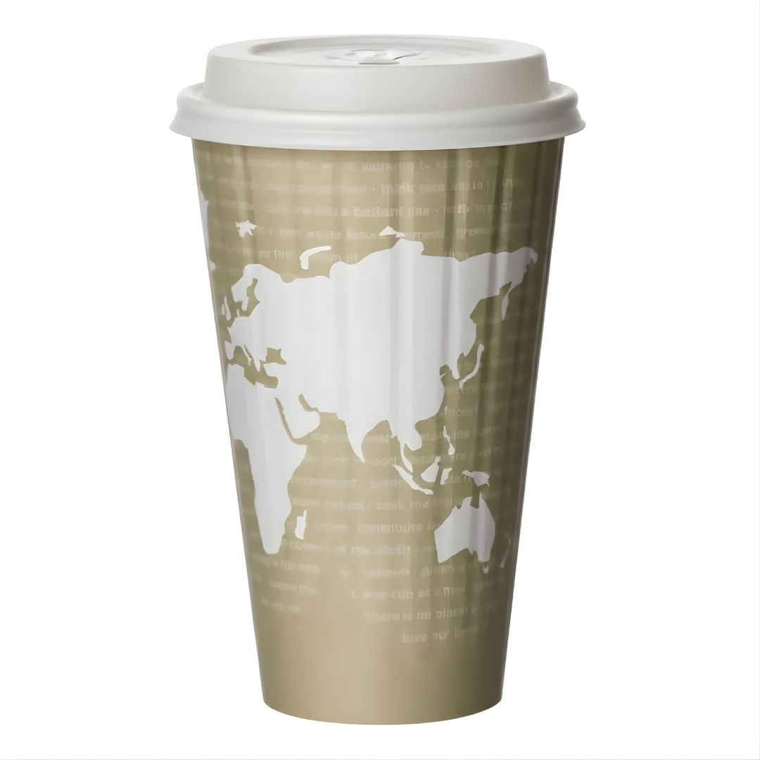 Paper cup with world map design on a beige background
