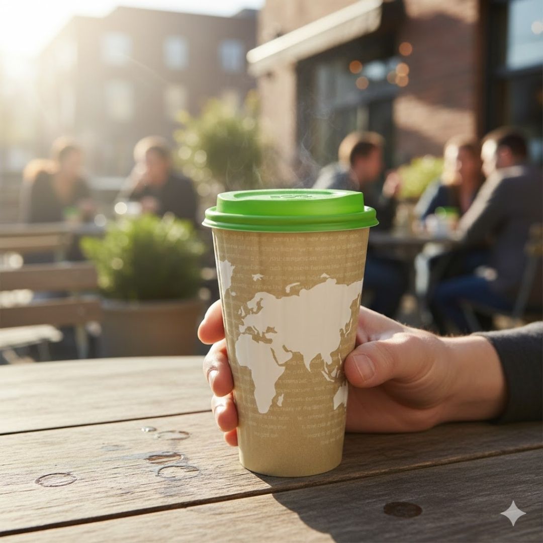 Hand holding a paper cup with a green lid on a wooden table outdoors.
