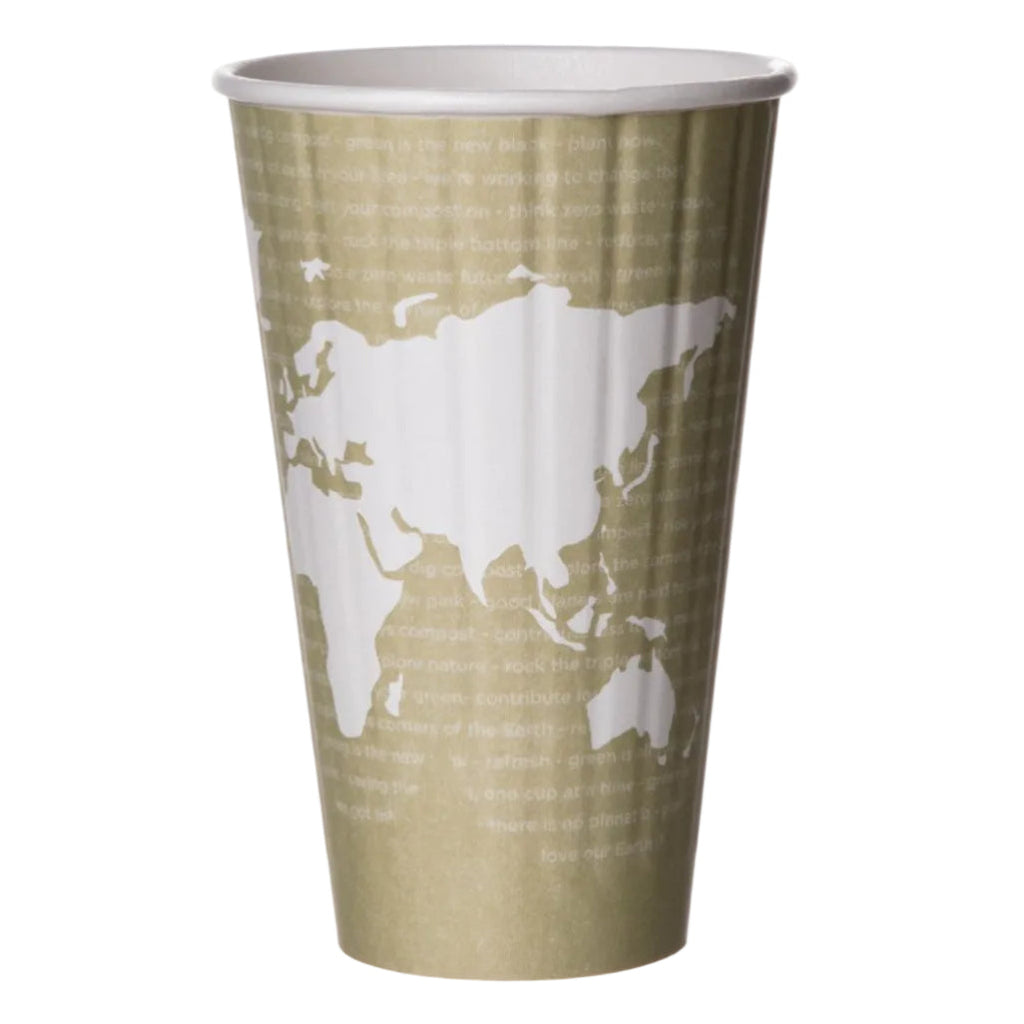 Paper cup with world map design on a white background