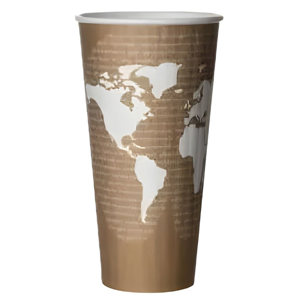 Paper cup with world map design on a white background