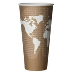 Paper cup with world map design on a white background