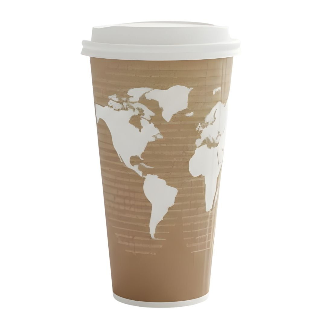 Brown paper cup with world map design on a white background