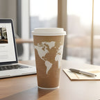 Coffee cup with world map design on a desk with a laptop and notebook.