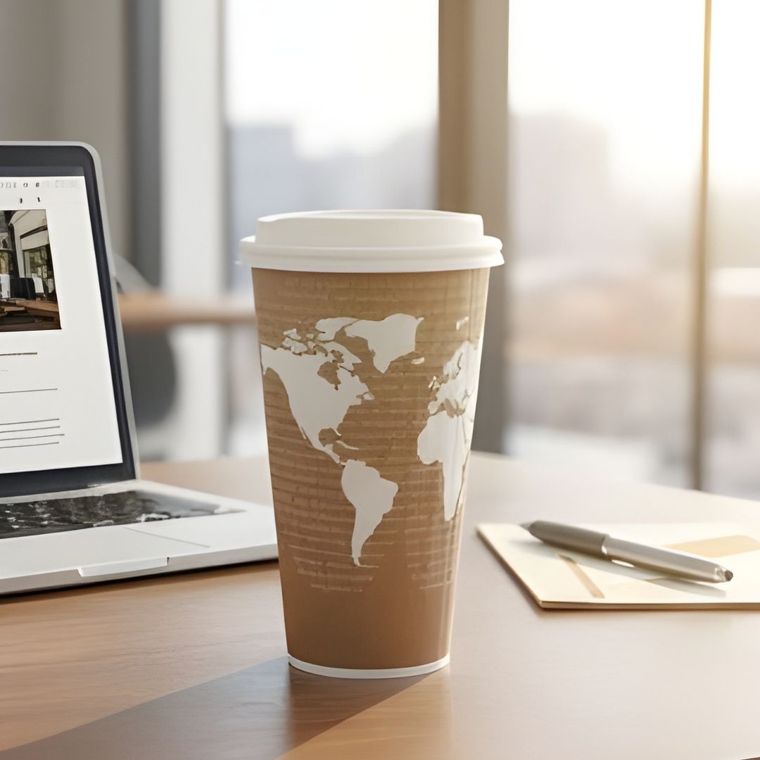 Coffee cup with world map design on a desk with a laptop and notebook.
