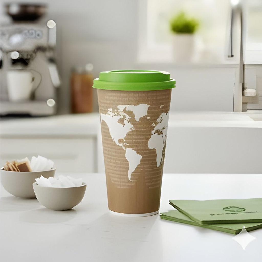 Compostable coffee cup with world map design on a kitchen counter