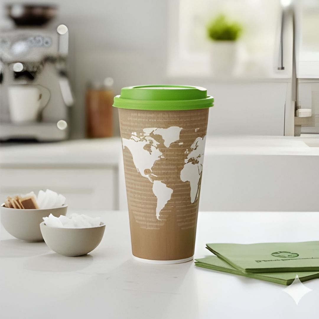 Compostable coffee cup with world map design on a kitchen counter