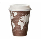Paper cup with world map design on a white background