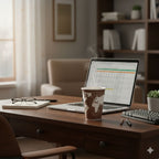 Home office desk with laptop, disposable coffee cup, and glasses on a wooden desk.