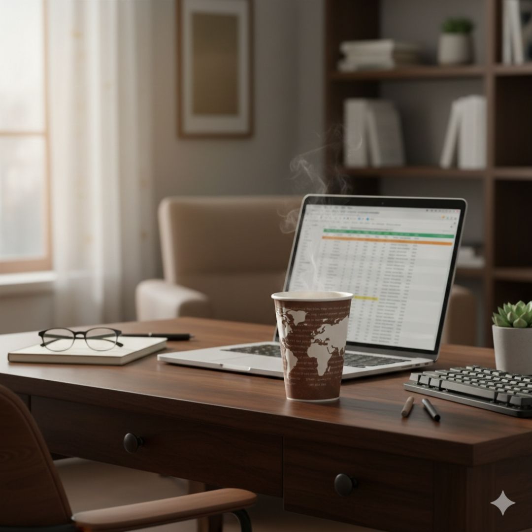 Home office desk with laptop, disposable coffee cup, and glasses on a wooden desk.