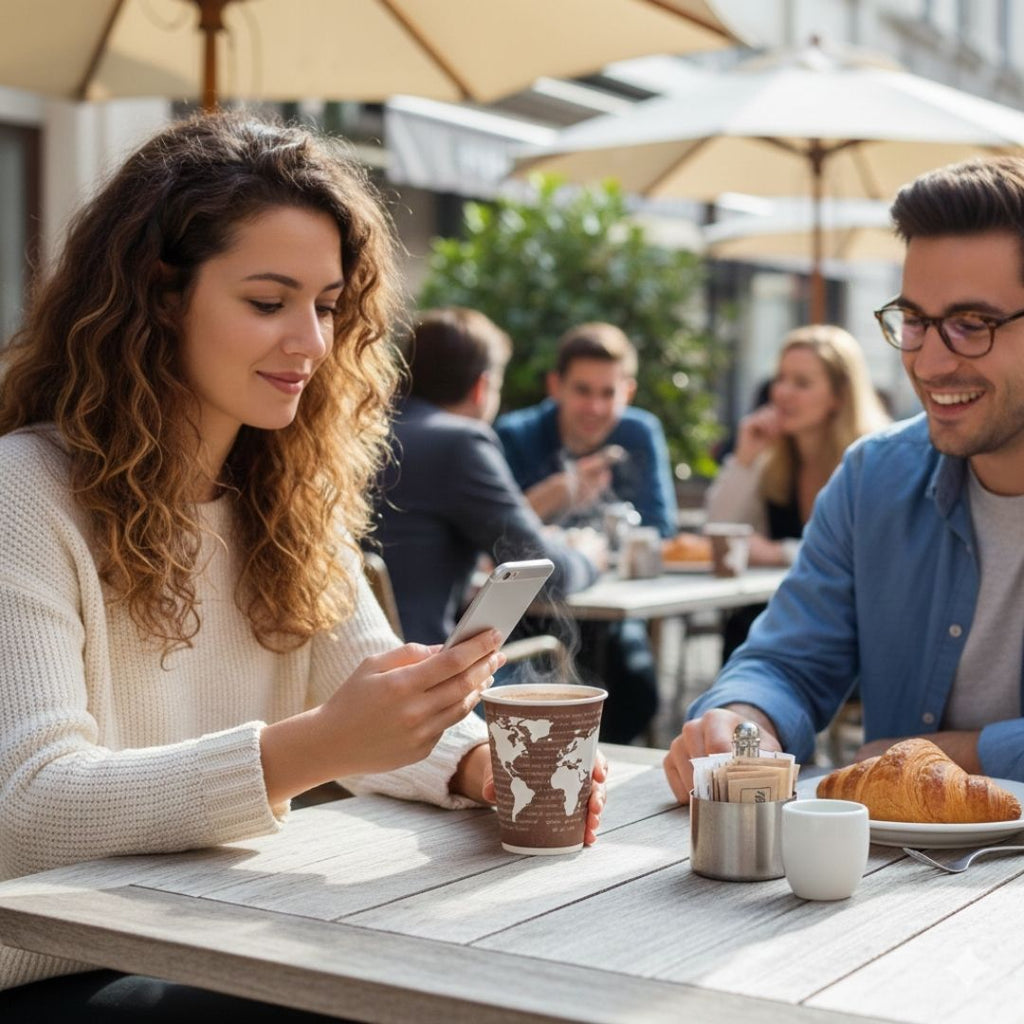 Two people sitting at an outdoor cafe table with a woman using a phone while drinking from a coffee cup and a man smiling.
