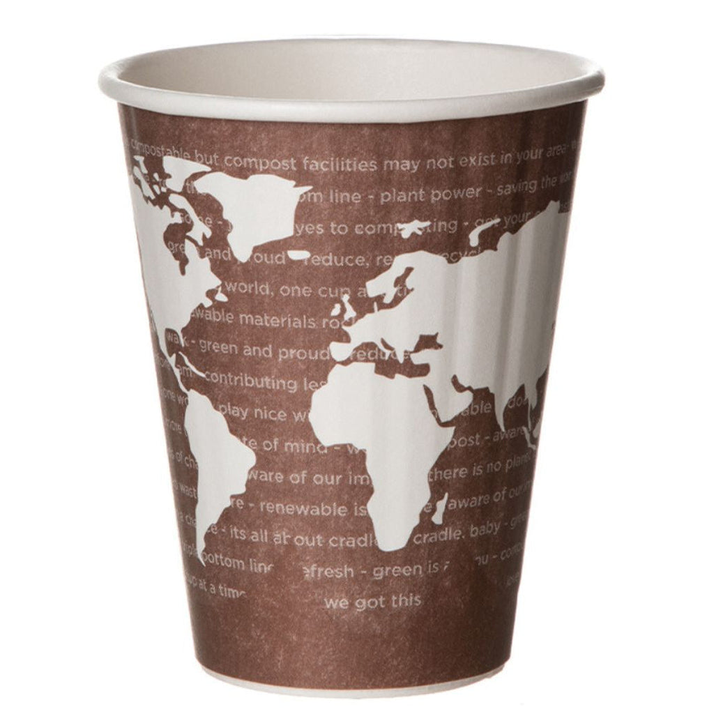 Brown paper cup with world map design and text on a white background