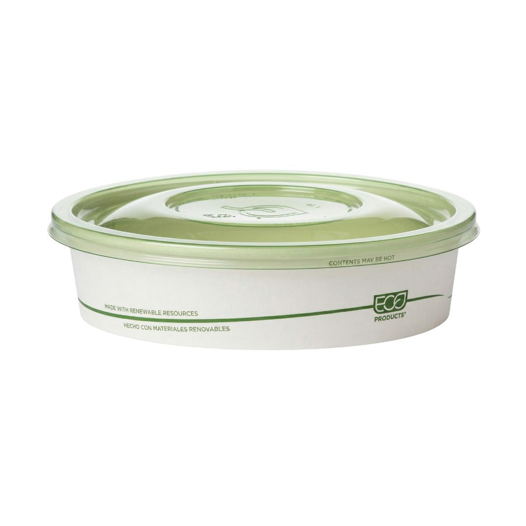 White food container with compostable green lid on a white background