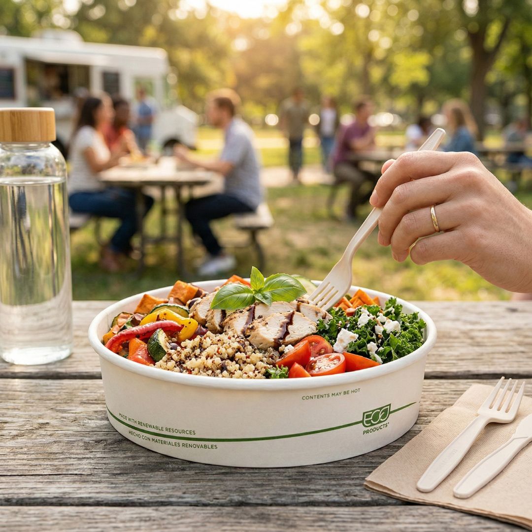 Salad bowl with a fork, water bottle, and people in the background at an outdoor setting