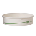 Compostable white paper food container with green text on a white background