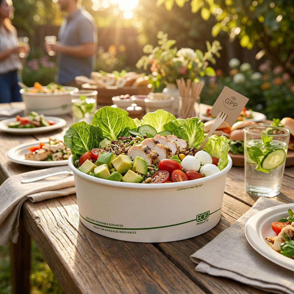 Salad in a large white bowl on a wooden table with people in the background