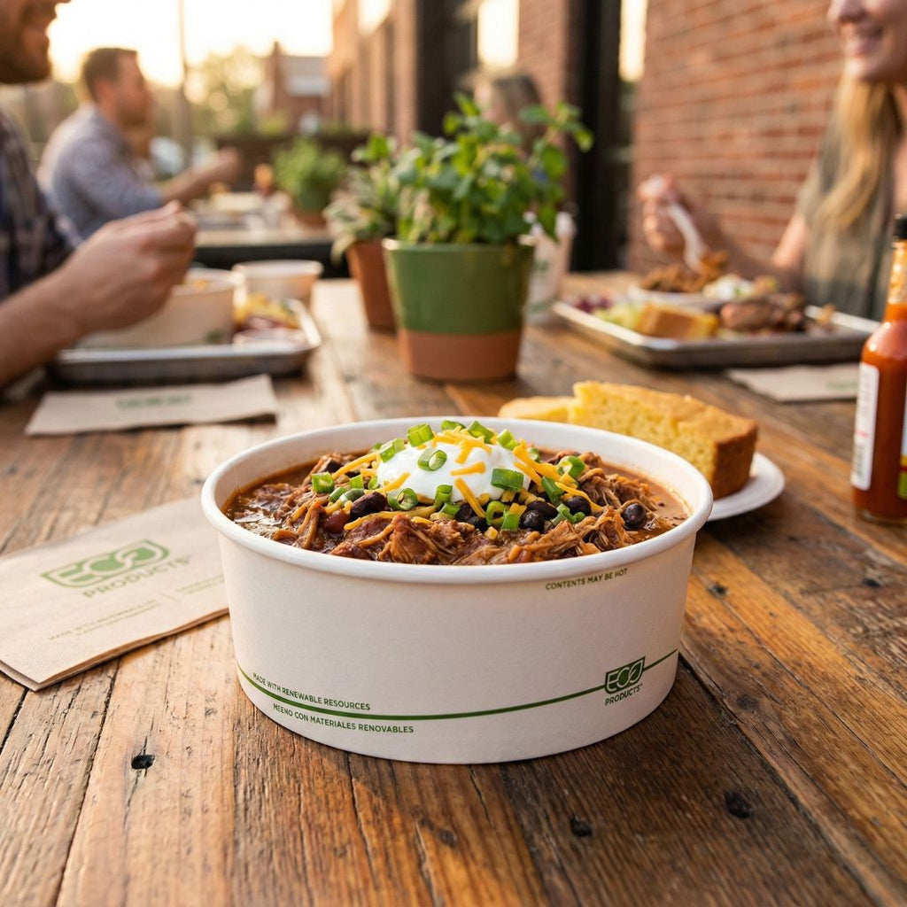 Compostable bowl of chili with toppings on a wooden table with people in the background
