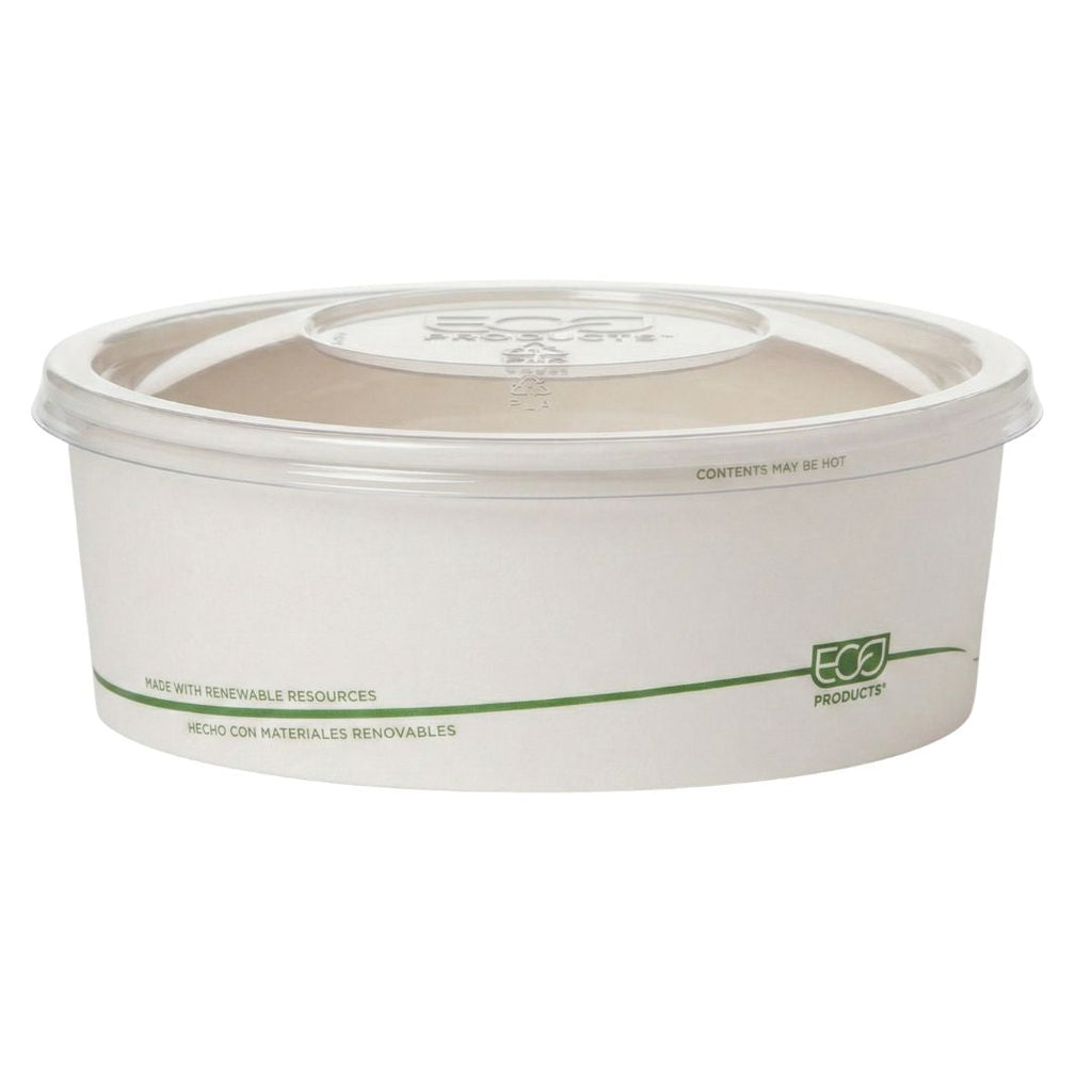 White food bowl with a clear lid on a white background, featuring eco-friendly branding.