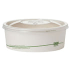 White food bowl with a clear lid on a white background, featuring eco-friendly branding.