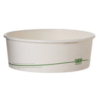 White paper bowl with green text on a white background
