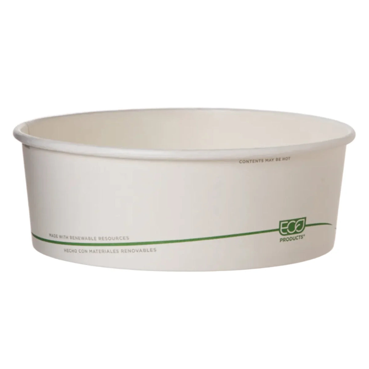 White paper bowl with green text on a white background