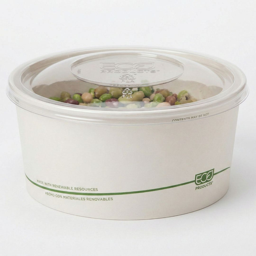White compostable bowl with clear lid filled with green beans, branded 'Eco Products'.