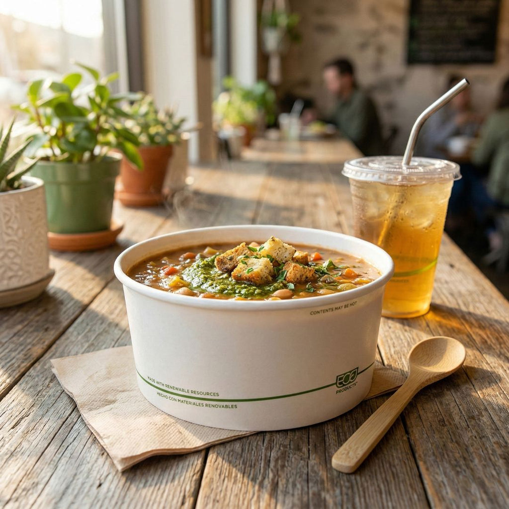 Bowl of soup with a drink on a wooden table in a cafe setting