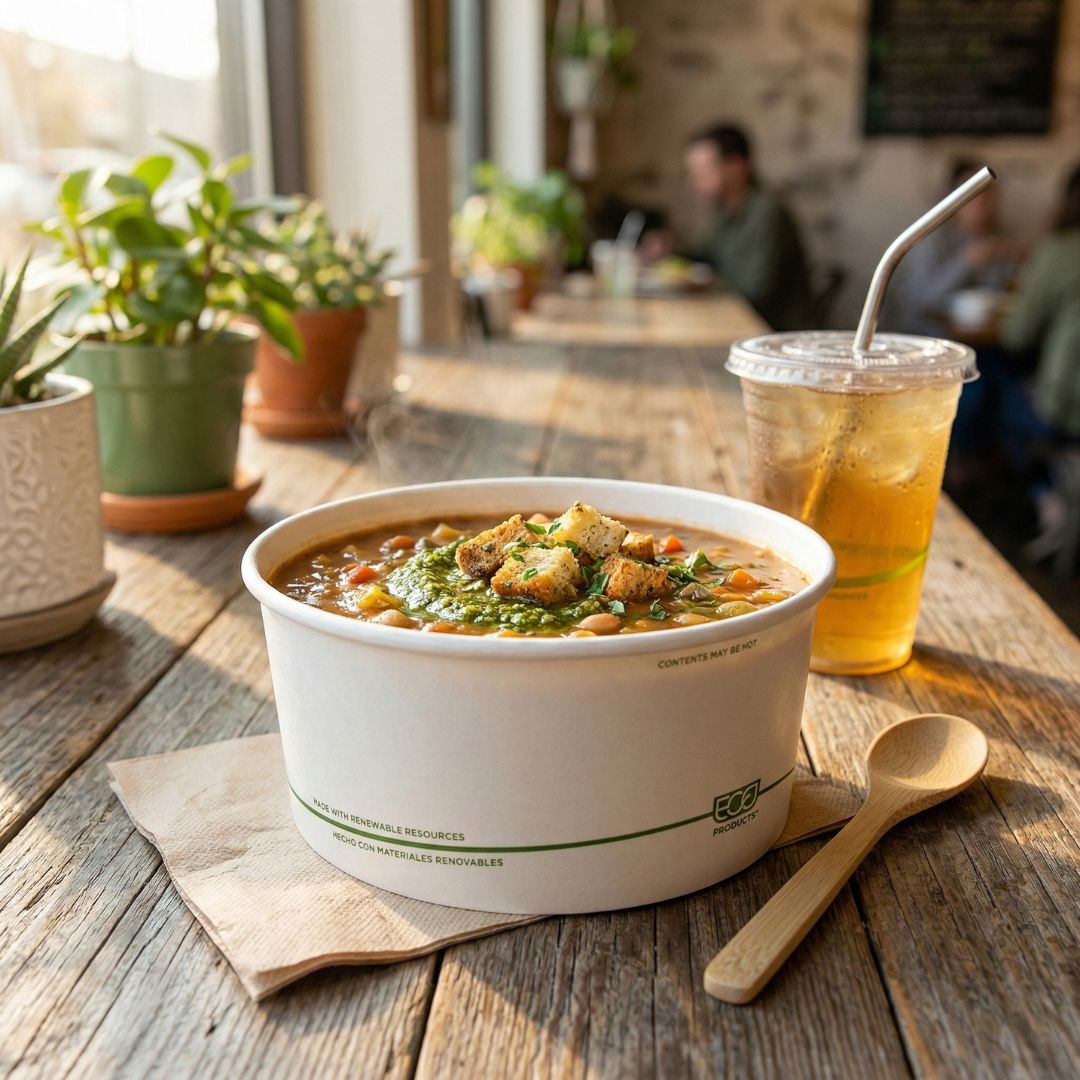 Bowl of soup with a drink on a wooden table in a cafe setting