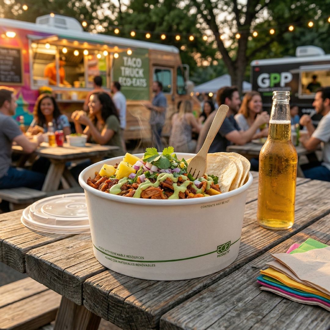 Large compostable paper bowl of food with a bottle of beer on a wooden table at an outdoor food truck event.