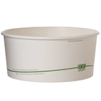 White paper bowl with green text on a white background