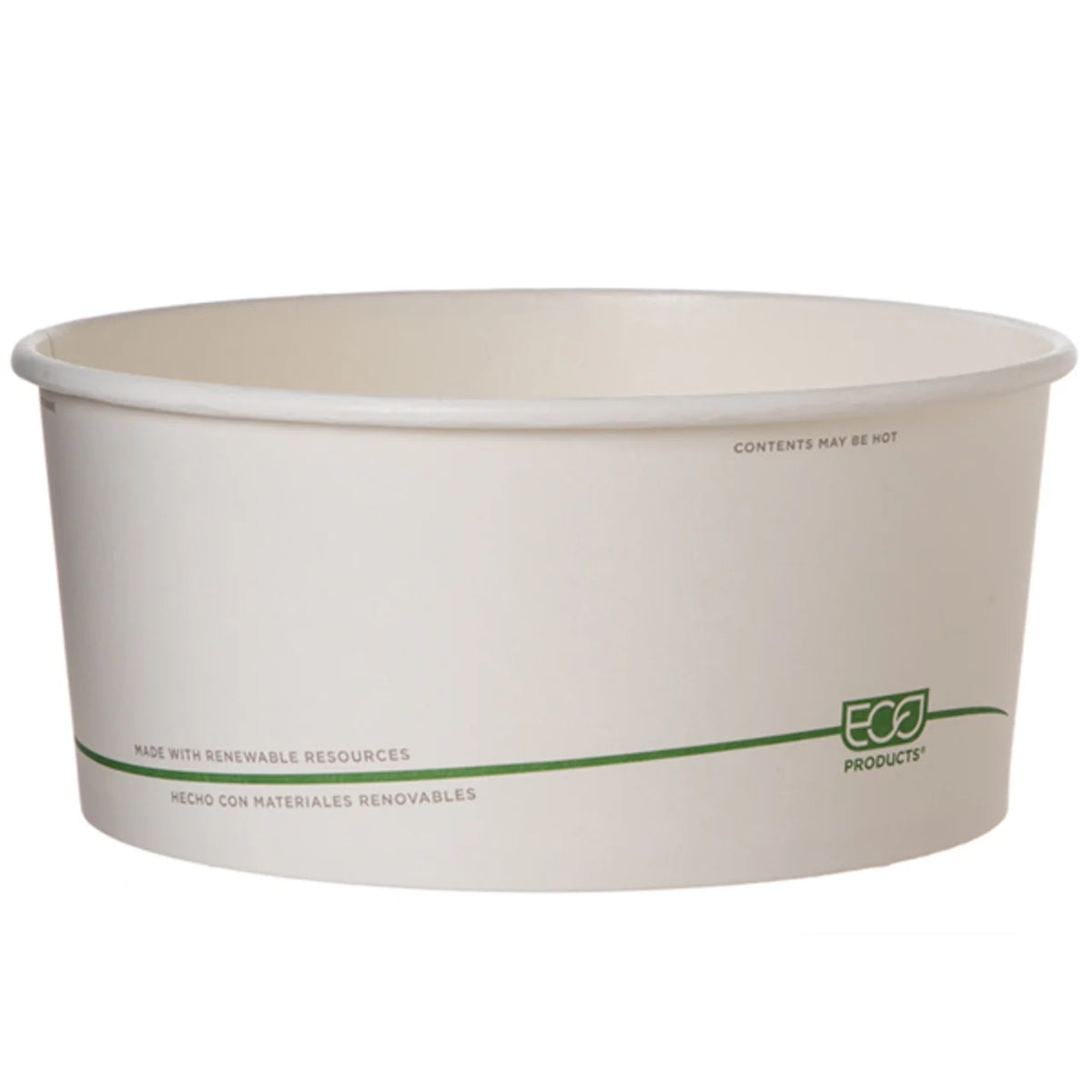 White paper bowl with green text on a white background