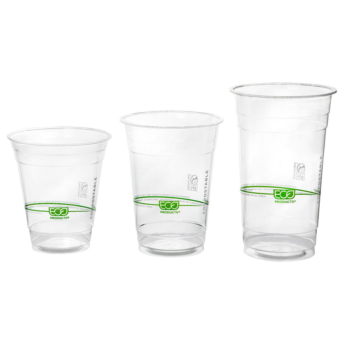 Three clear compostable plastic cups with green branding on a white background